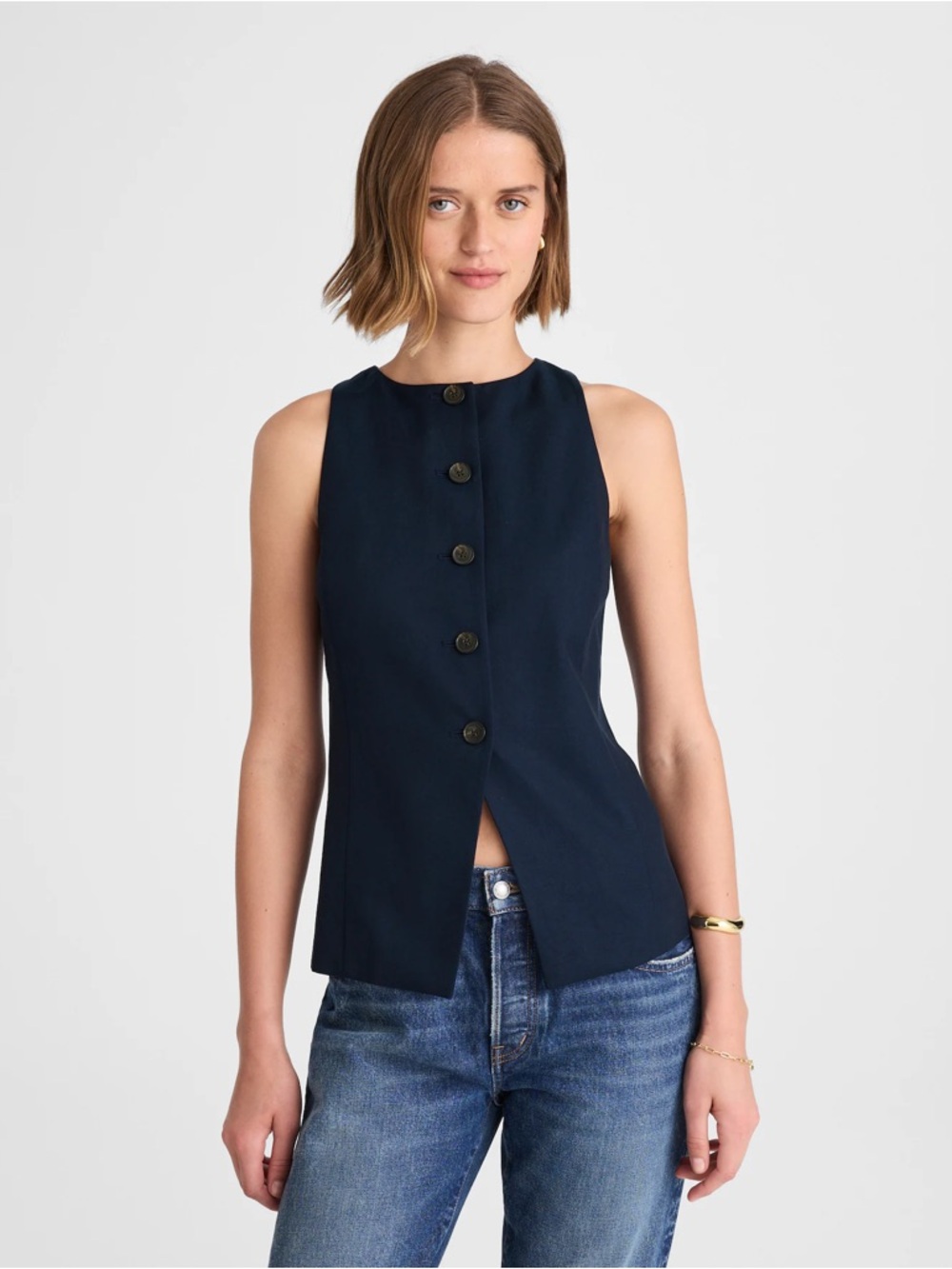 Madewell Crewneck Cutaway Vest in Drapey Twill Midnight Navy Size 10